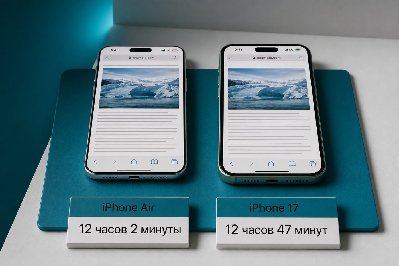 iPhone Air и iPhone 17 в одинаковом веб-тесте через 5G с результатами 12:02 и 12:47