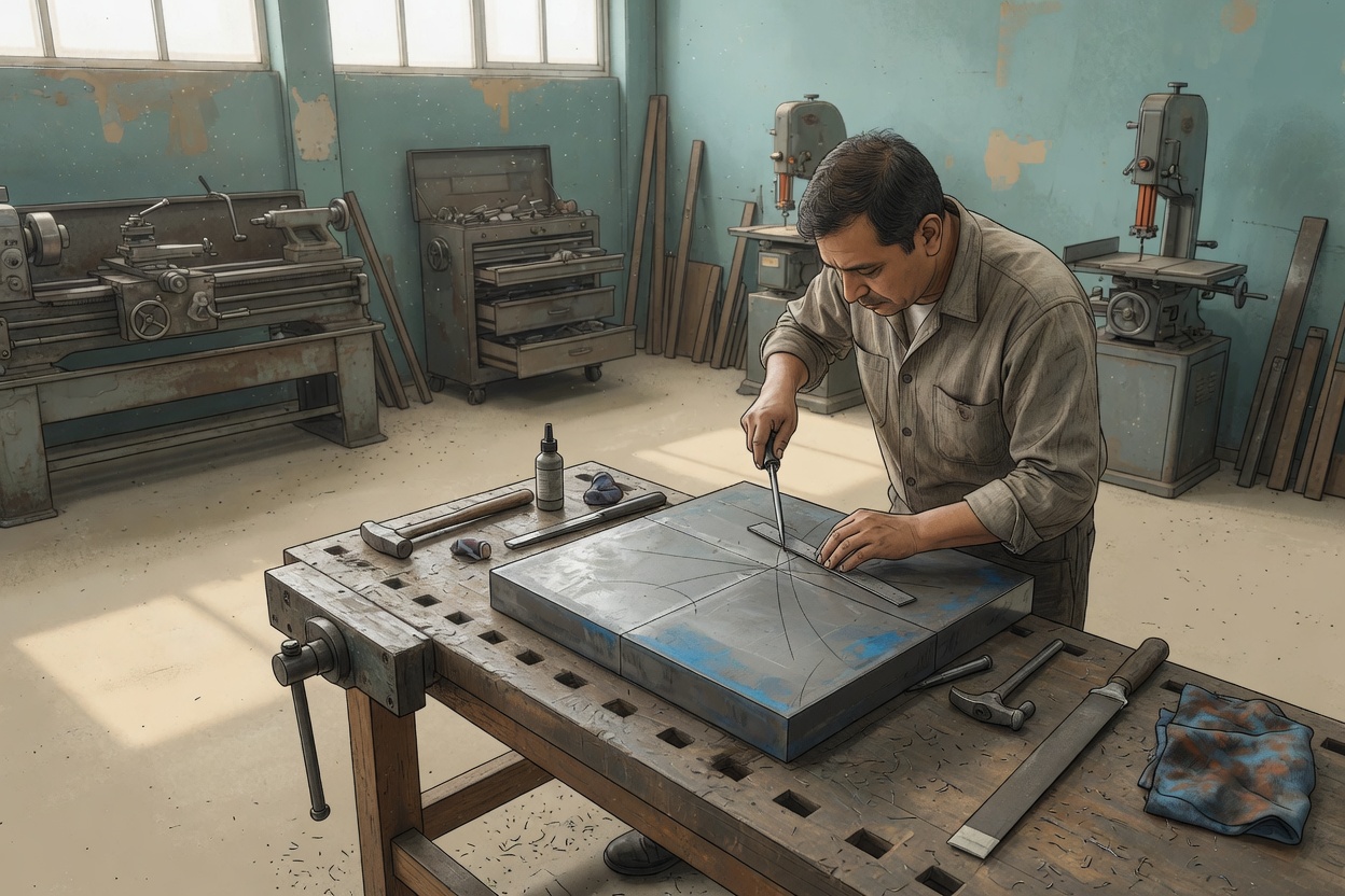Machinist performing manual measurements and layout tasks before CNC operation