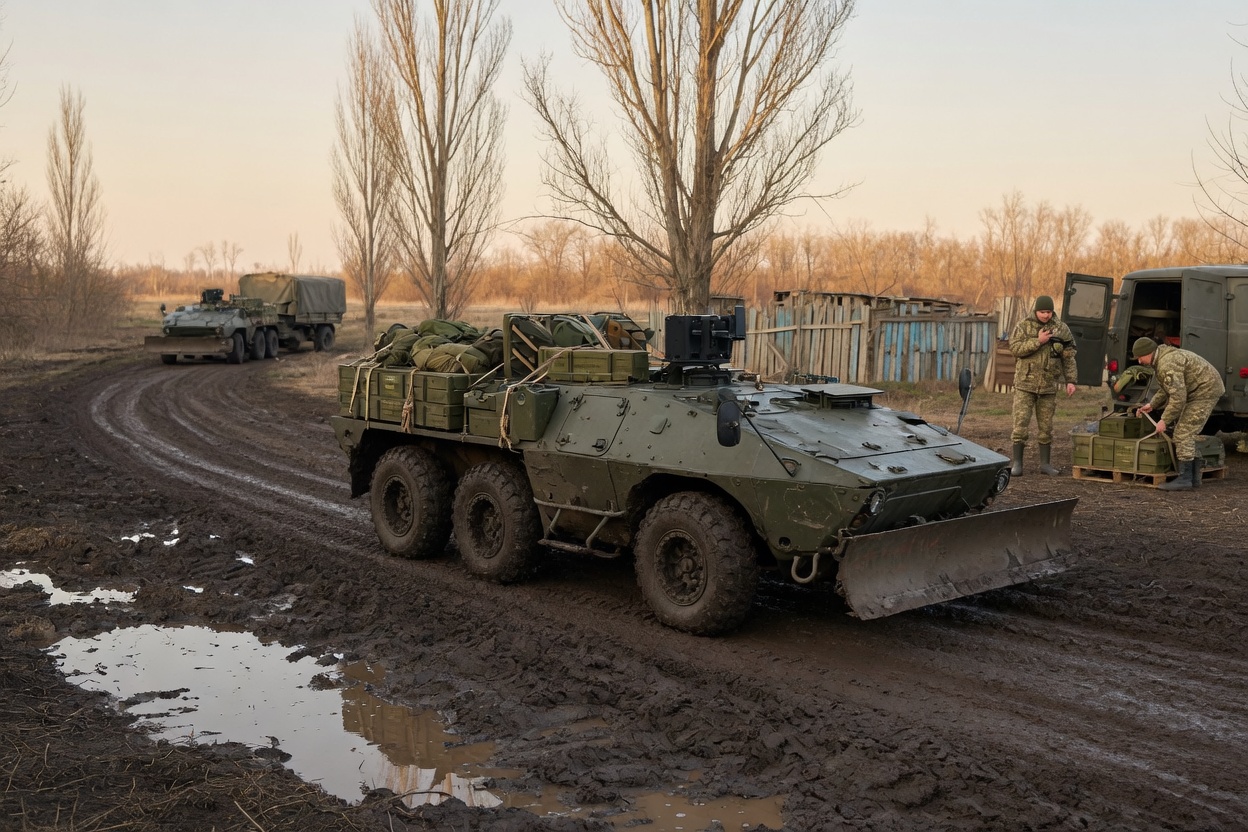 Lancer UGV transporting supplies in Ukrainian terrain