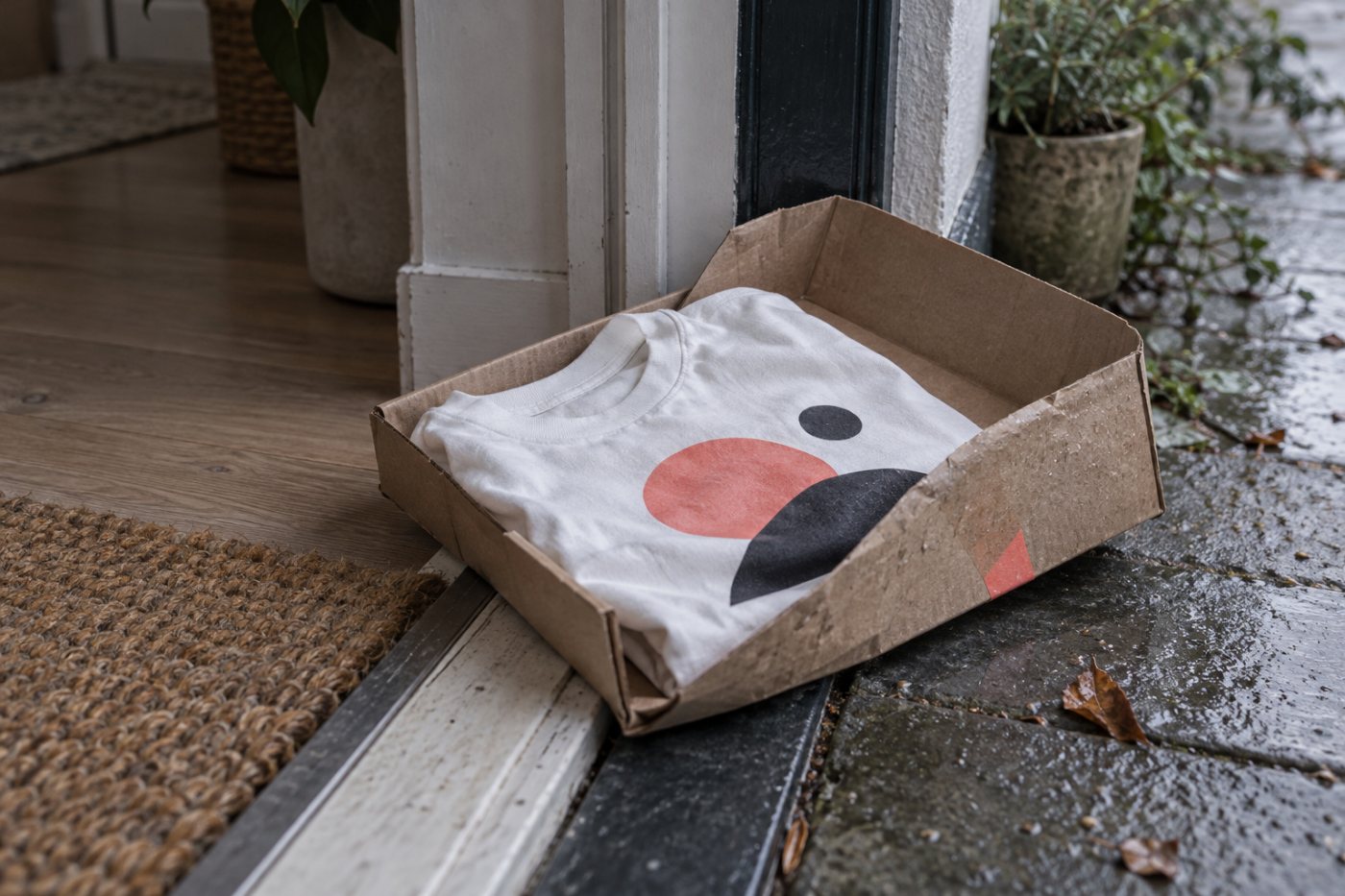Een bestelling met een bedrukt T-shirt bereikt een EU-adres; de fulfilmentlocatie beïnvloedt de levering.