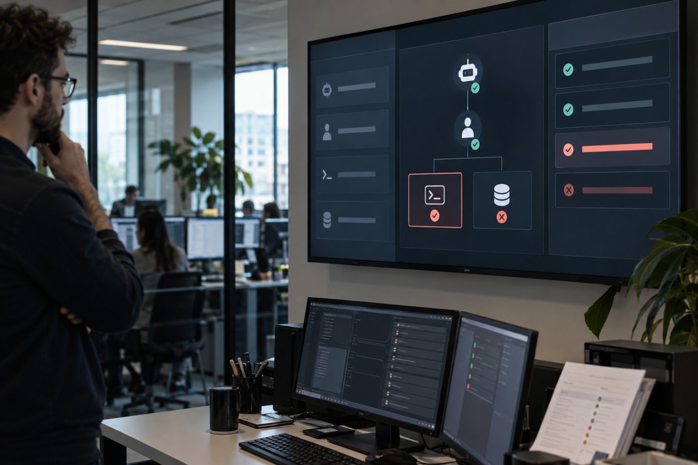 A tool boundary verifies the agent, delegation and requested action, records the approved result and rejects an out-of-scope request.