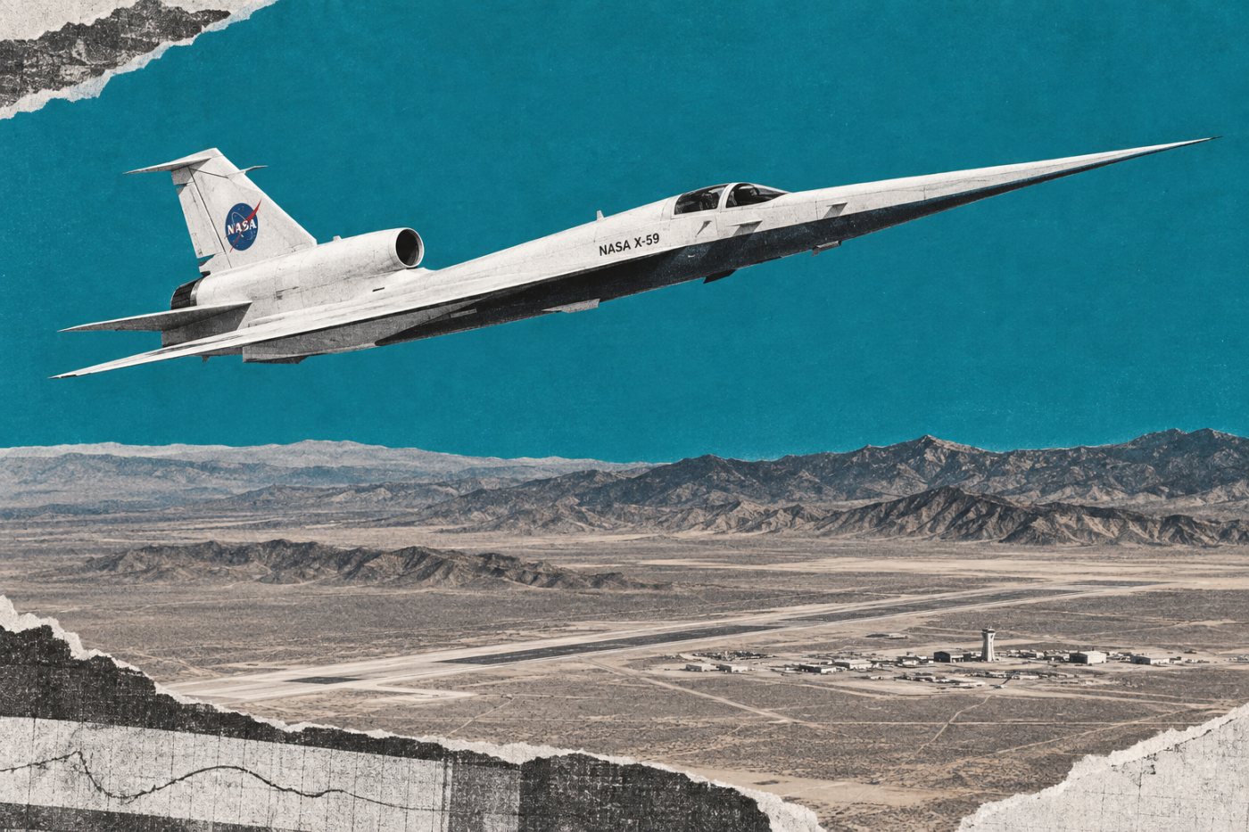 NASA X-59 em voo supersônico sobre o deserto após completar uma campanha de 25 testes.
