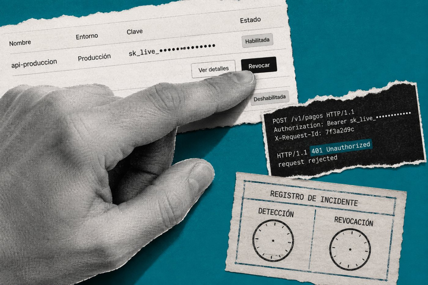 Revocación de una clave API expuesta y comprobación de que la credencial anterior ya no autentica.