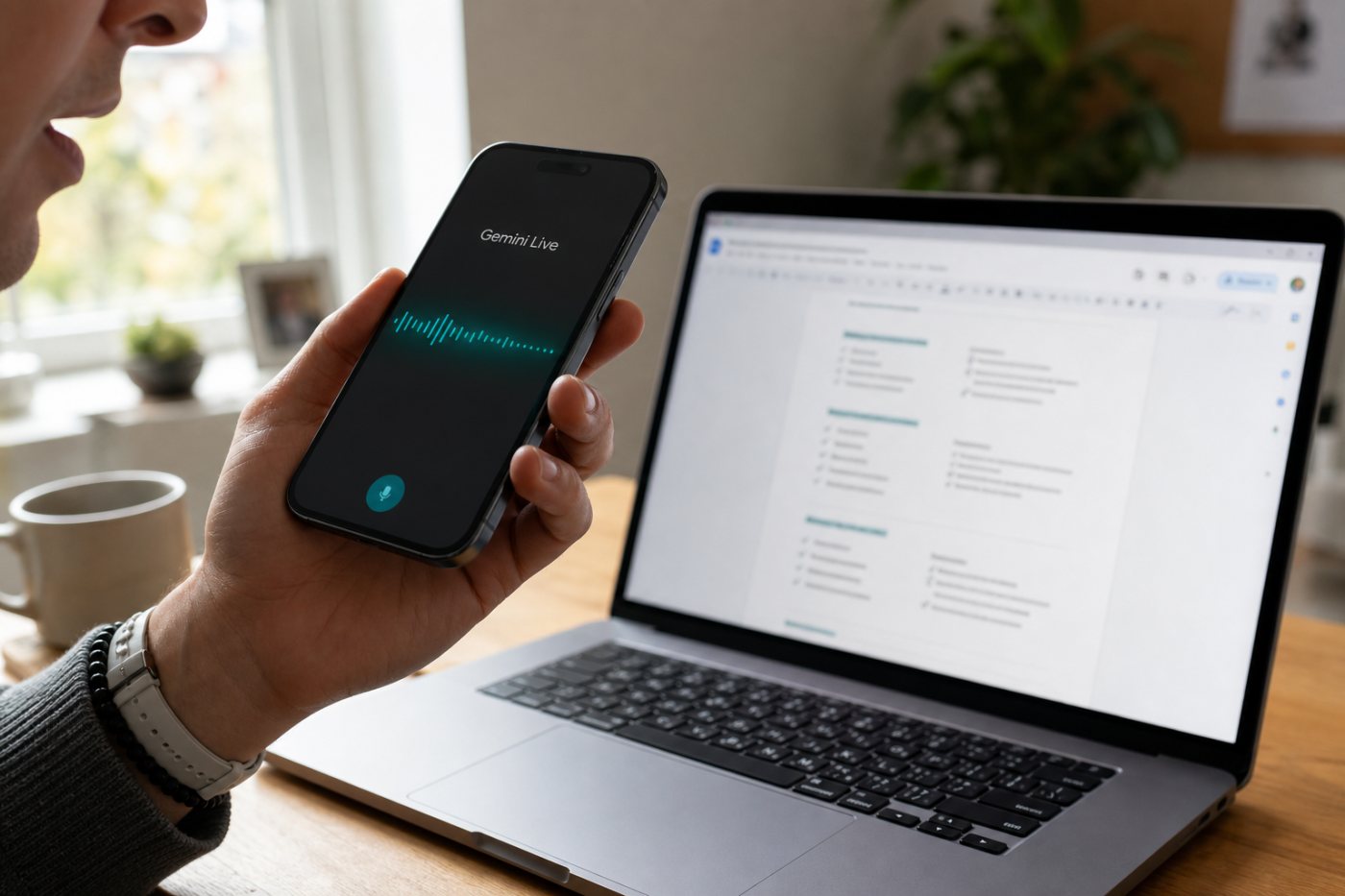 Gemini Live delegates a spoken planning request to Spark, which completes a structured Google document in the background.