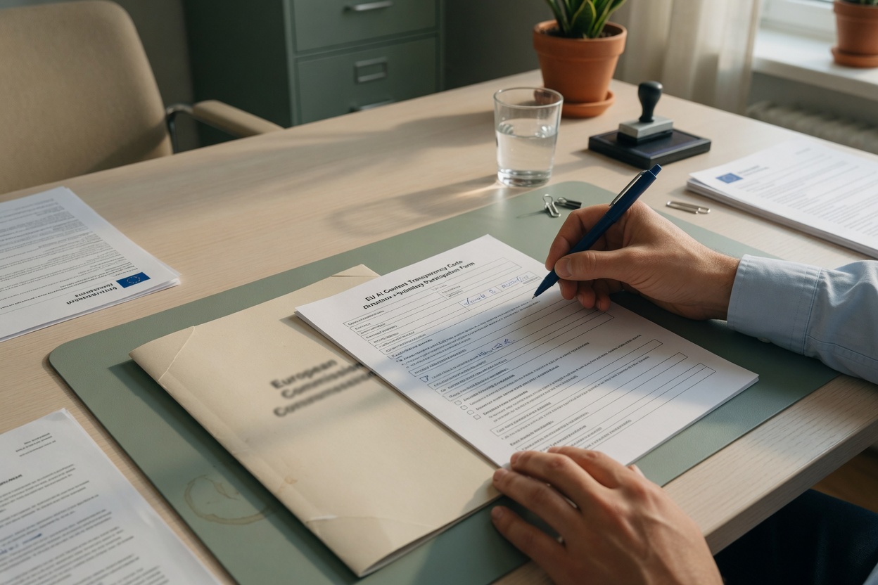 Individual completing the Code of Practice sign-up form with a pen
