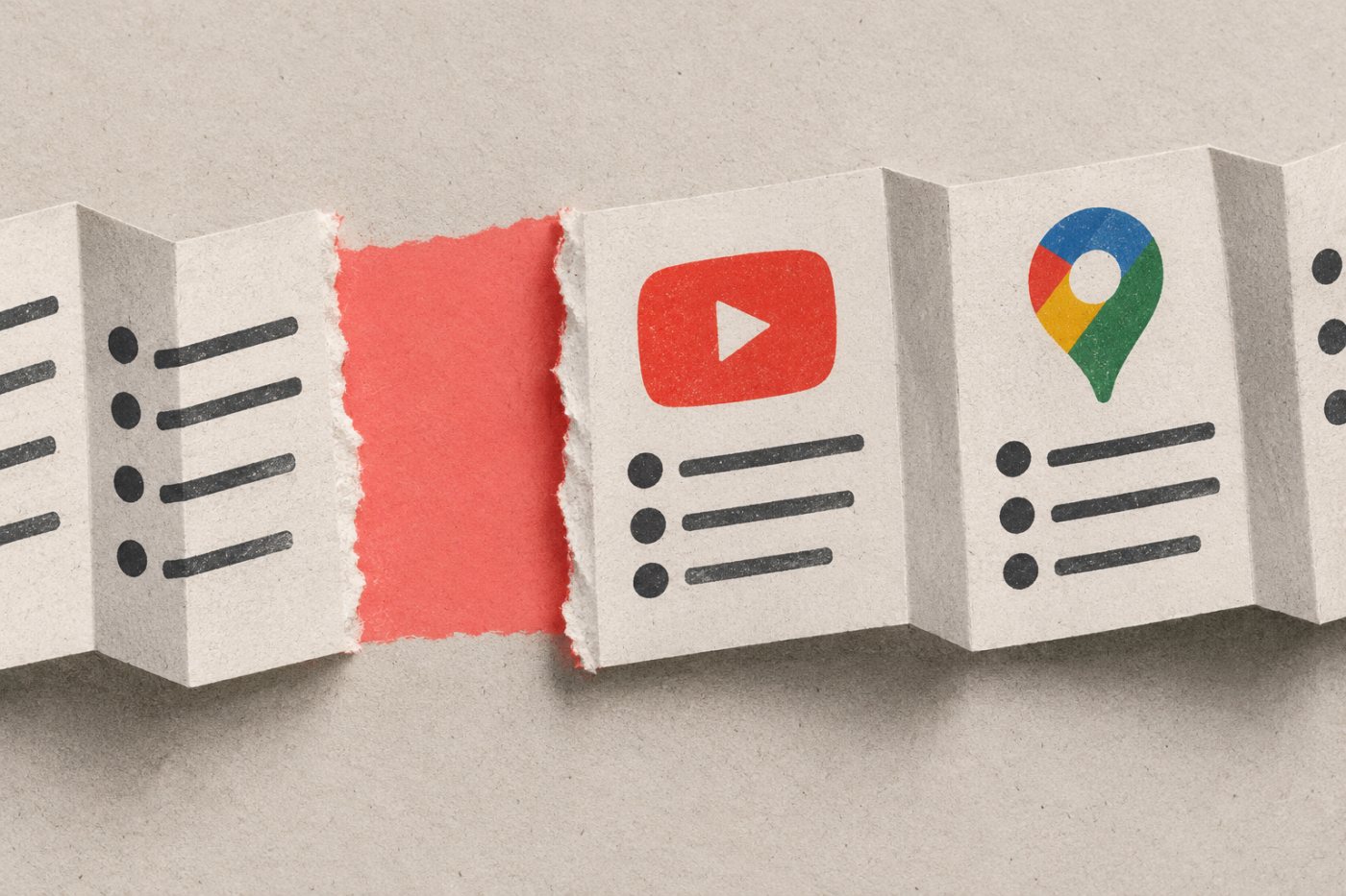 Een gewiste zoekactiviteit naast afzonderlijk bewaarde activiteit van YouTube en Maps.