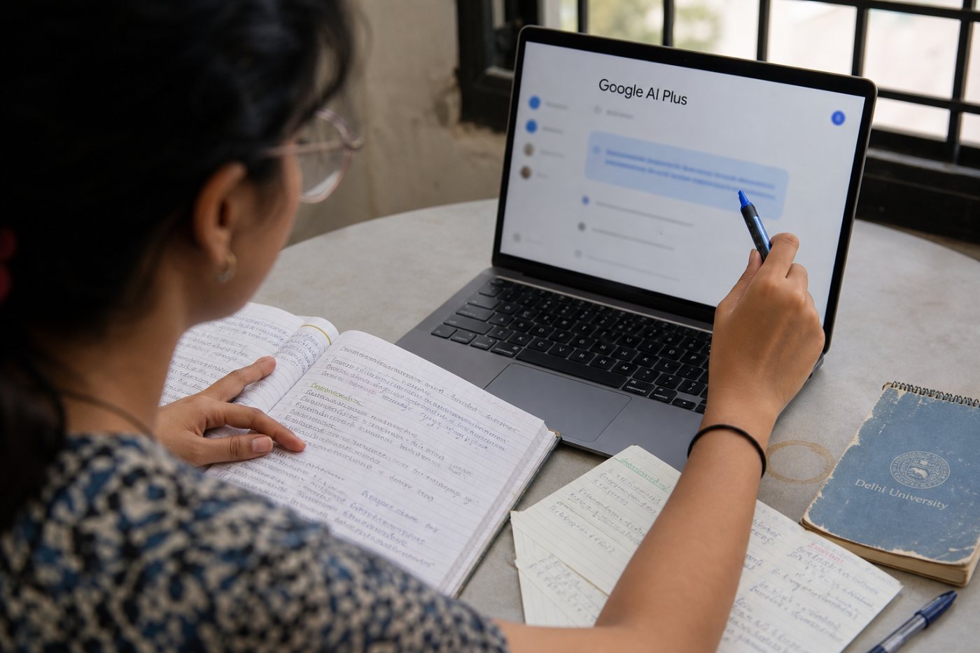 भारतीय छात्र Google AI Plus से व्याख्यान नोट्स को अध्ययन नोटबुक और अभ्यास प्रश्नों में बदलता हुआ