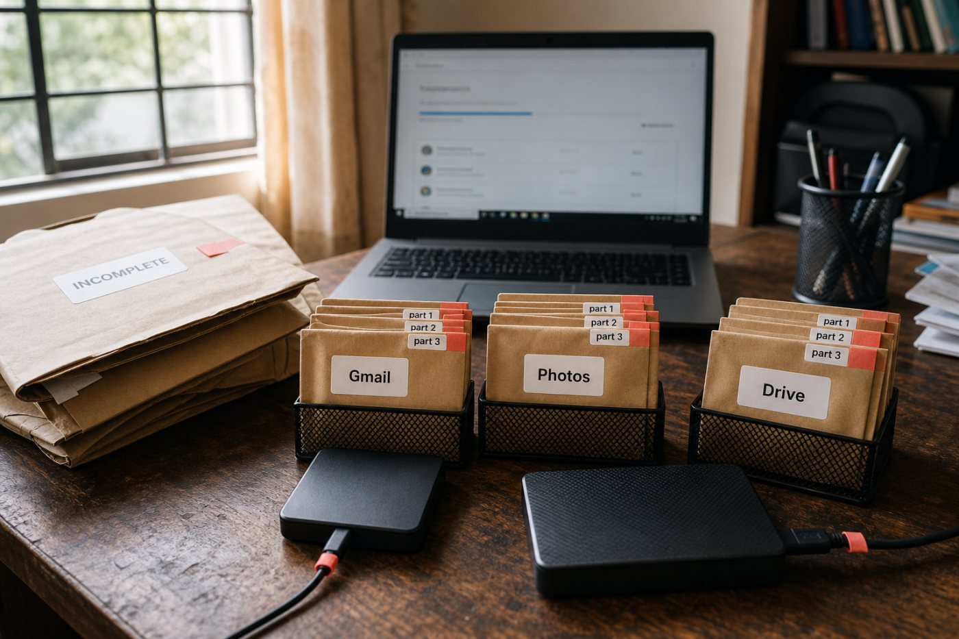 विफल बड़े Google Takeout निर्यात को Gmail, Photos और Drive के छोटे अलग संग्रहों में बांटने की प्रक्रिया