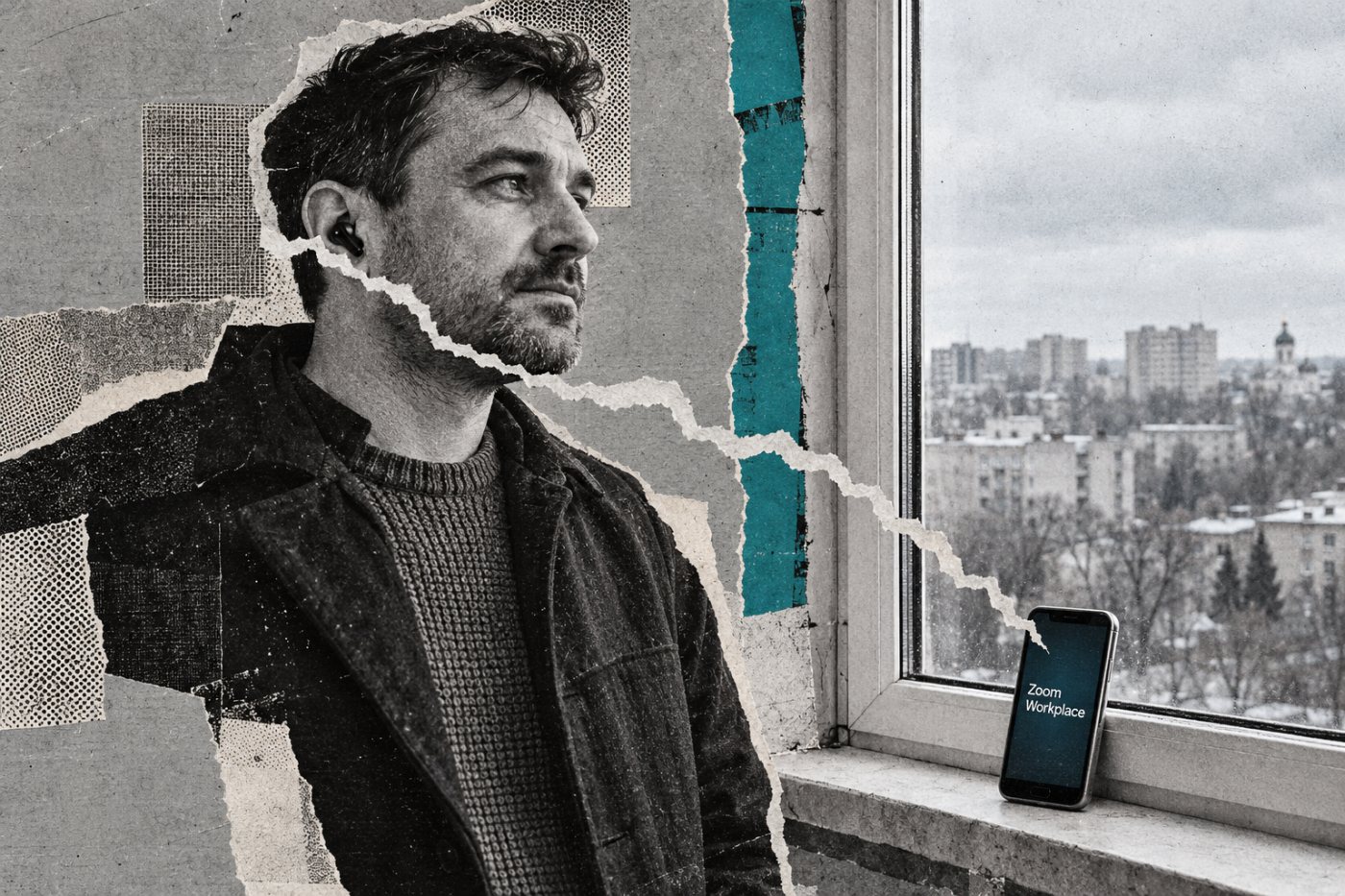 Un invitat extern participă la un interviu prin Zoom într-un loc unde conexiunea poate varia.