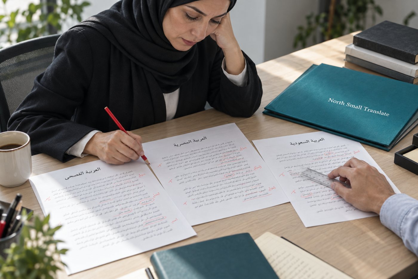 مراجعون يقيمون مخرجات North Small Translate العربية بشريًا قبل قرار الإنتاج.