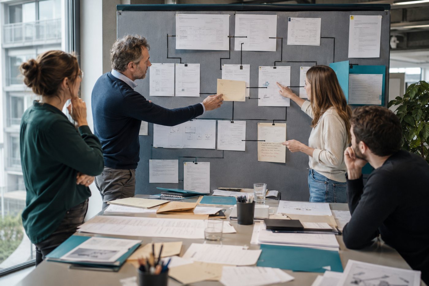 Ein bereichsübergreifendes Team gestaltet einen Arbeitsablauf mit KI-Schritten, menschlichen Entscheidungen und Ausnahmewegen neu.