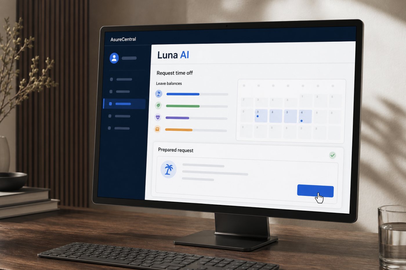 AsureCentral-এ Luna AI ছুটির balance যাচাই করে কর্মীর leave request নিশ্চিতকরণের জন্য প্রস্তুত করছে