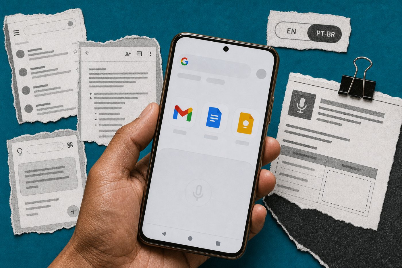 Celular configurado para português do Brasil sem acesso confirmado aos novos modos Live de Gmail, Docs e Keep.