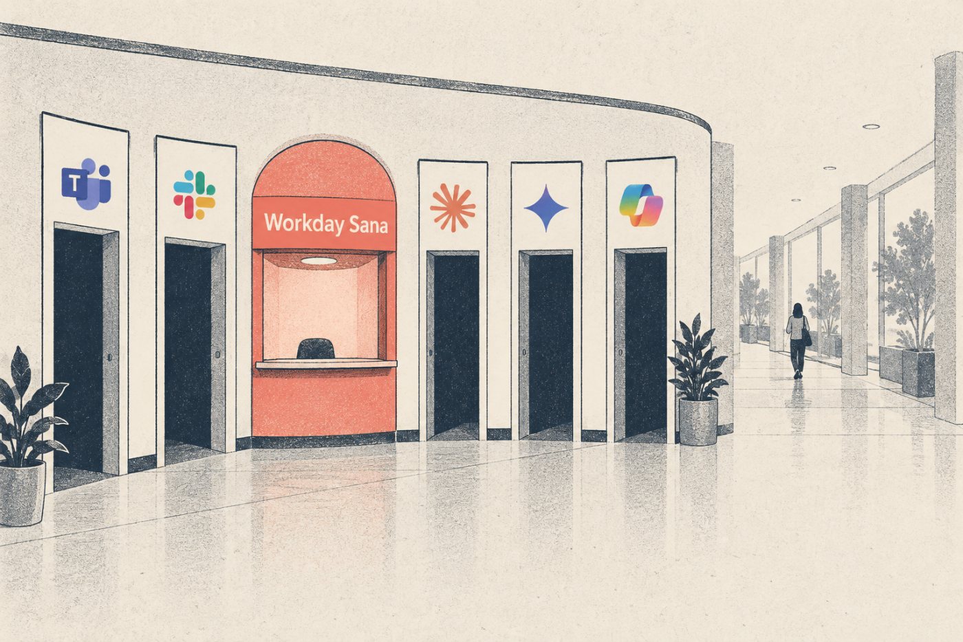 Microsoft Teams ও Slack-সহ ঘোষিত কর্মক্ষেত্রের সফটওয়্যারগুলো থেকে Workday Sana-র এক সংযোগে অনুরোধ পৌঁছানোর ধারণা