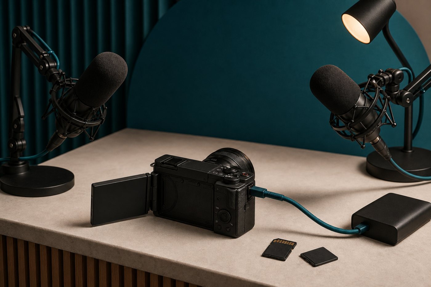 बाहरी USB बिजली के साथ लंबे पॉडकास्ट की रिकॉर्डिंग करता Sony ZV-E10 कार्यप्रवाह