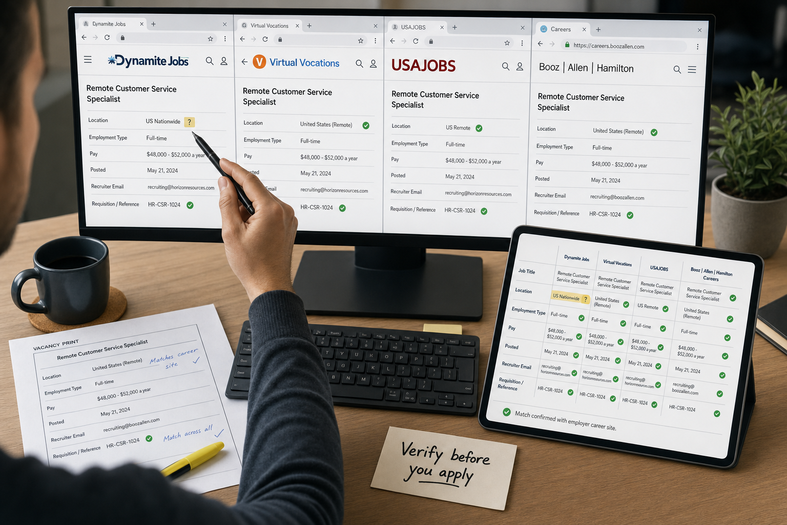 A comparison of Dynamite Jobs, Virtual Vocations, USAJOBS, and employer career pages for different remote-job searches.