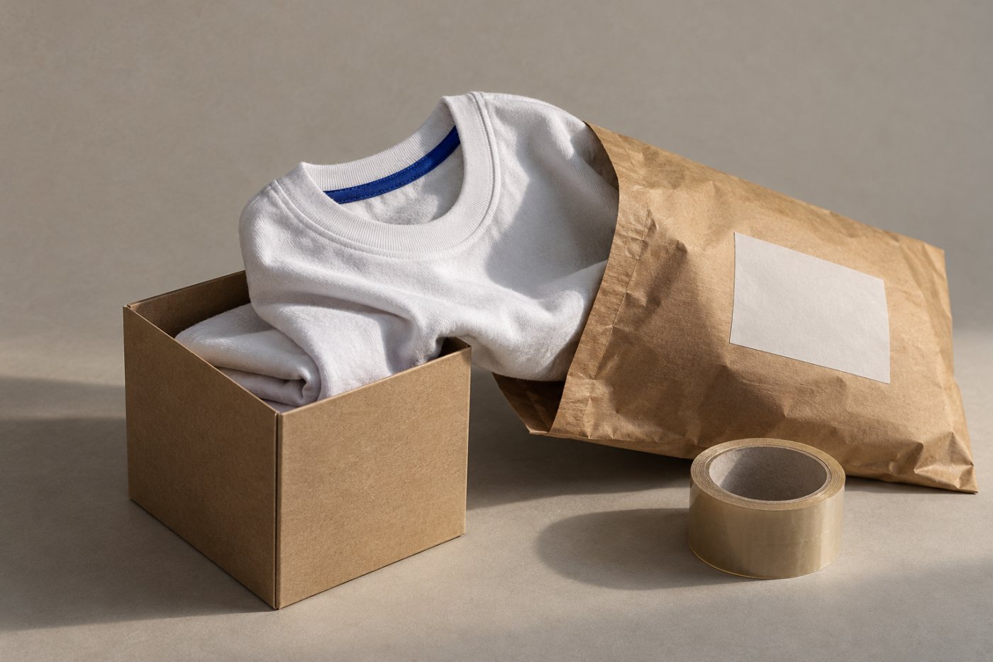 Tvůrce balí tričko z vlastní zásoby a přebírá kontrolu nad expedicí obchodu na Shopify.