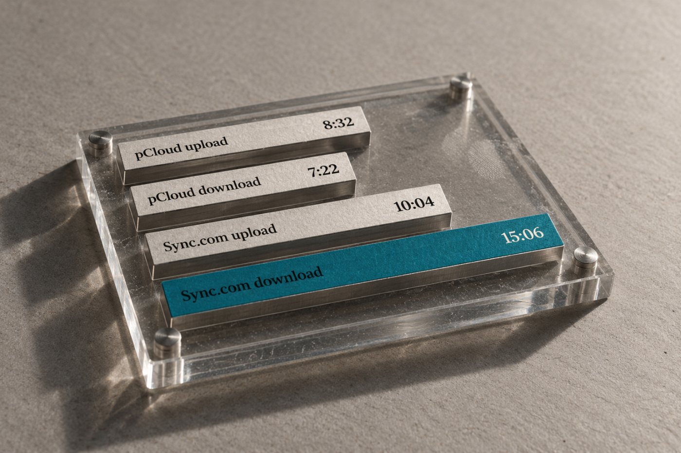 Timpii publicați pentru transferul a 5 GB: pCloud a fost mai rapid decât Sync.com la încărcare și descărcare.