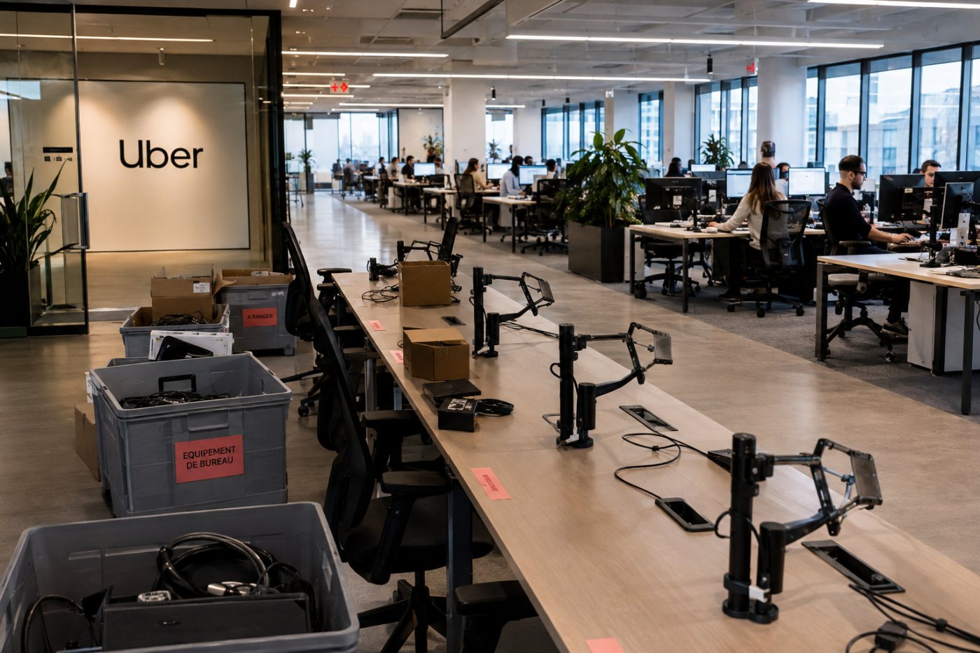 Des postes de travail libérés matérialisent la réduction d’environ 10 % des effectifs salariés d’Uber.