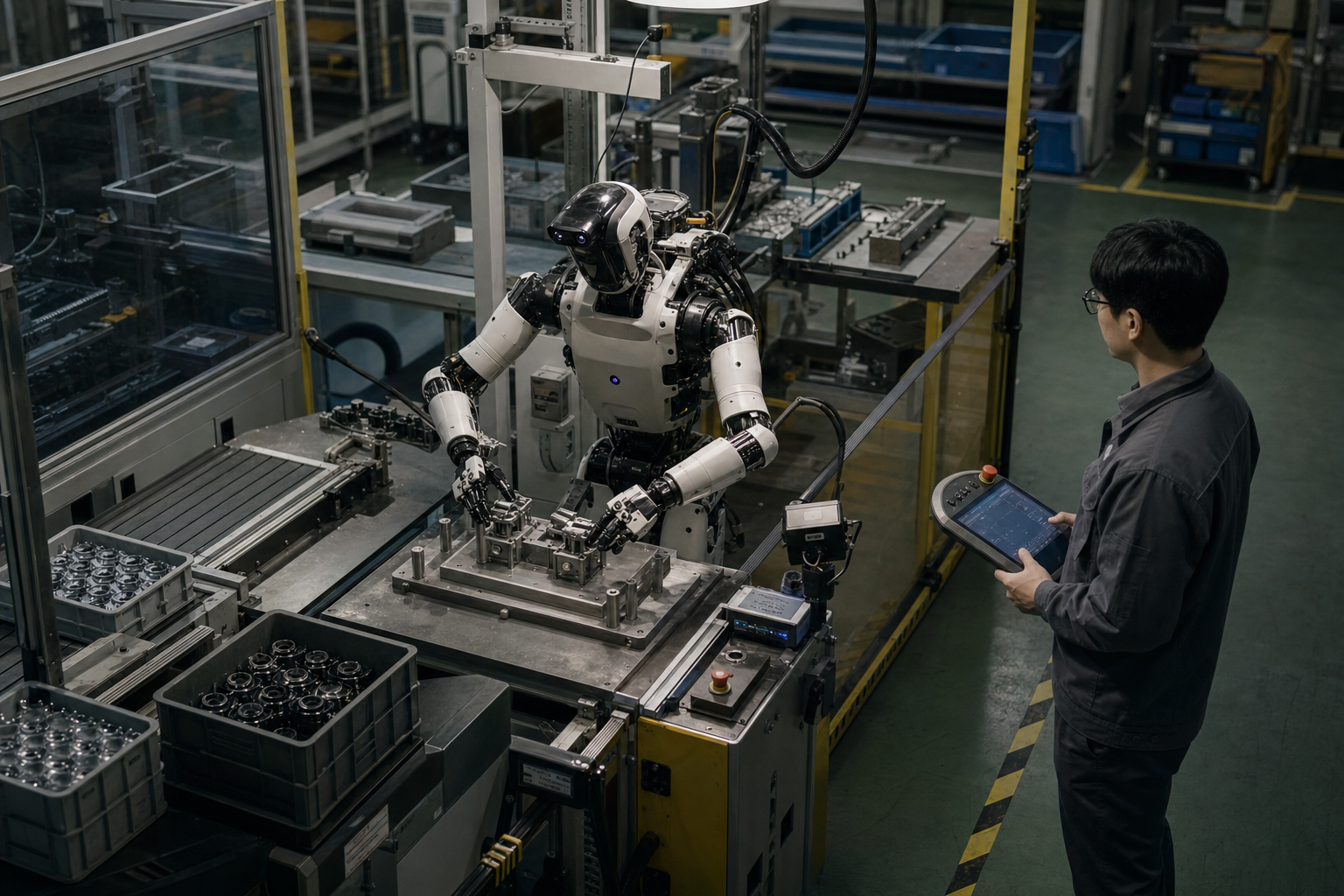 Industrial robots and engineers validating a physical-AI manufacturing task