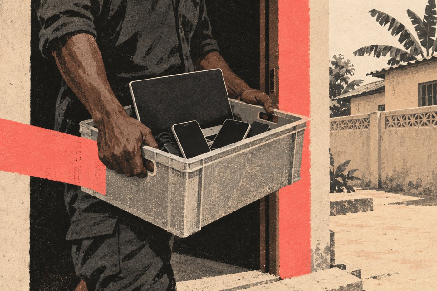 A sasaabi csalóközpontból lefoglalt elektronikus eszközök a ghánai hatósági fellépés során.