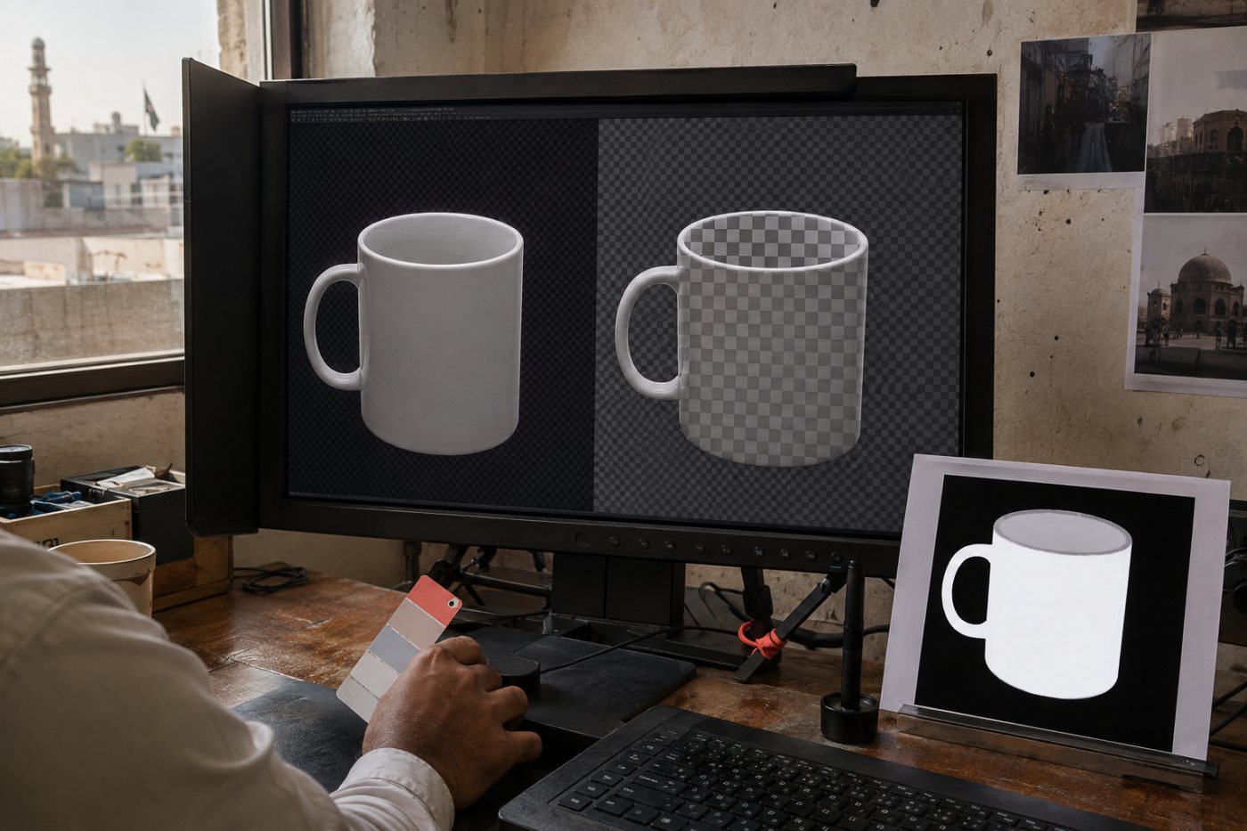اصل PNG کے alpha pixels اور baked checkerboard والی ناکام فائل کا تقابل