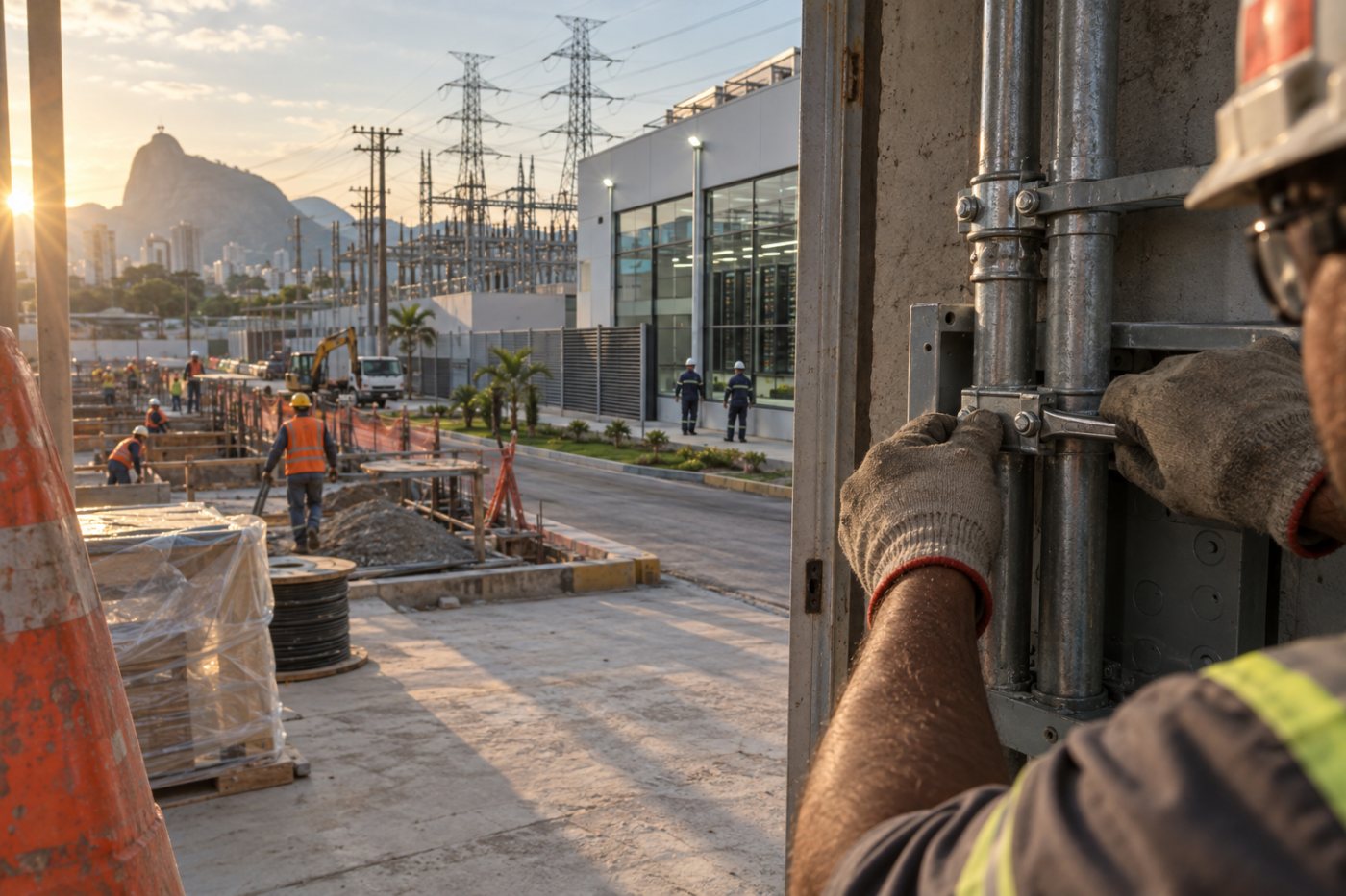 Projeto brasileiro de data center separa visualmente a fase de obras da operação permanente e de sua demanda elétrica.