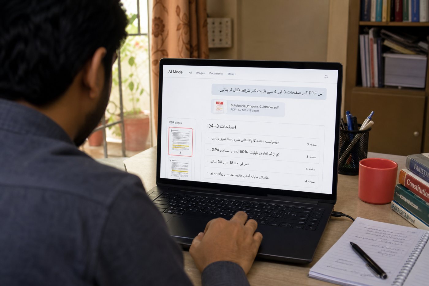 Google AI Mode میں PDF کے مخصوص صفحات سے اردو نکات اور صفحہ حوالوں کا حصول
