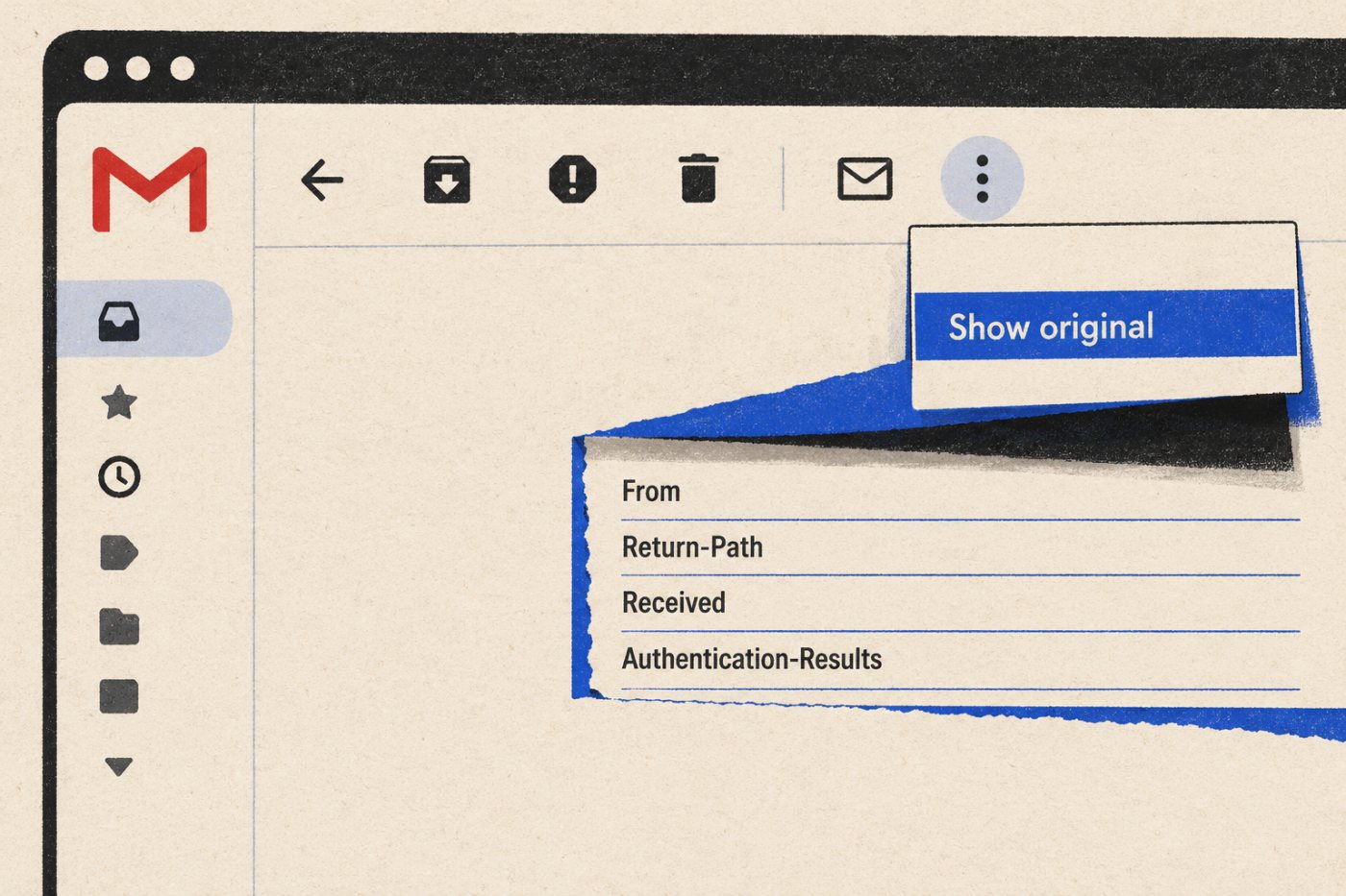 Менюто на Gmail отваря оригинала на писмо и показва пълната му заглавка.