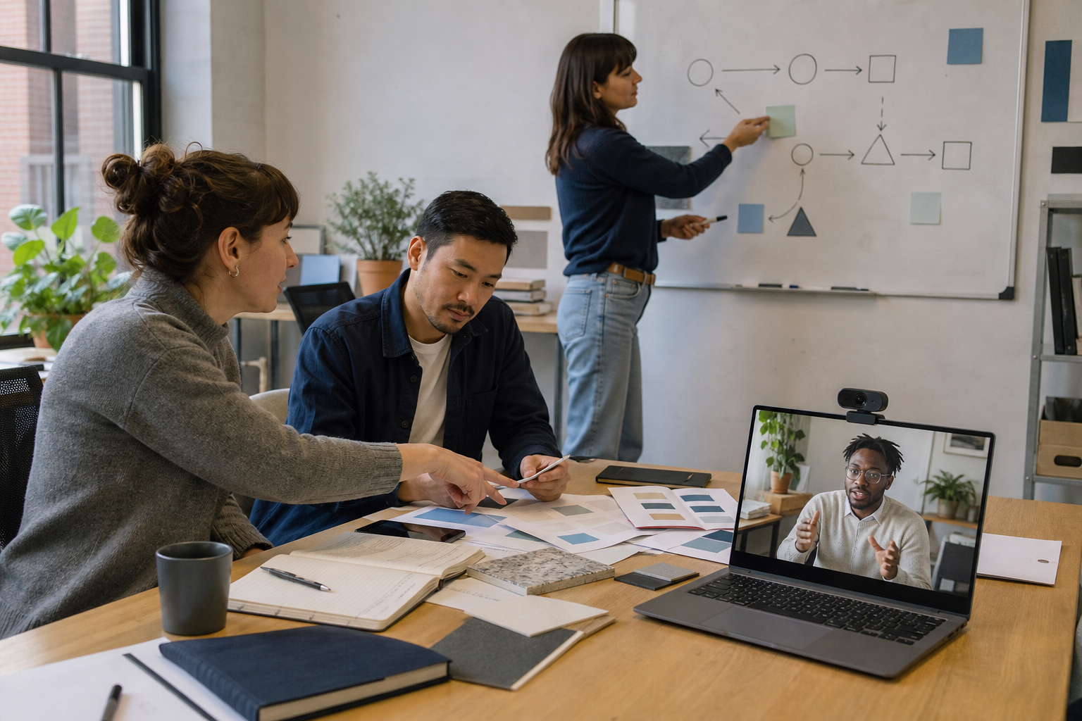 Hybrid team planning purposeful office collaboration with a remote colleague