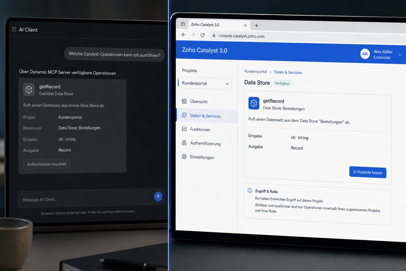 Der Dynamic MCP Server gibt Catalyst-Operationen erst nach der Autorisierung des KI-Clients frei.