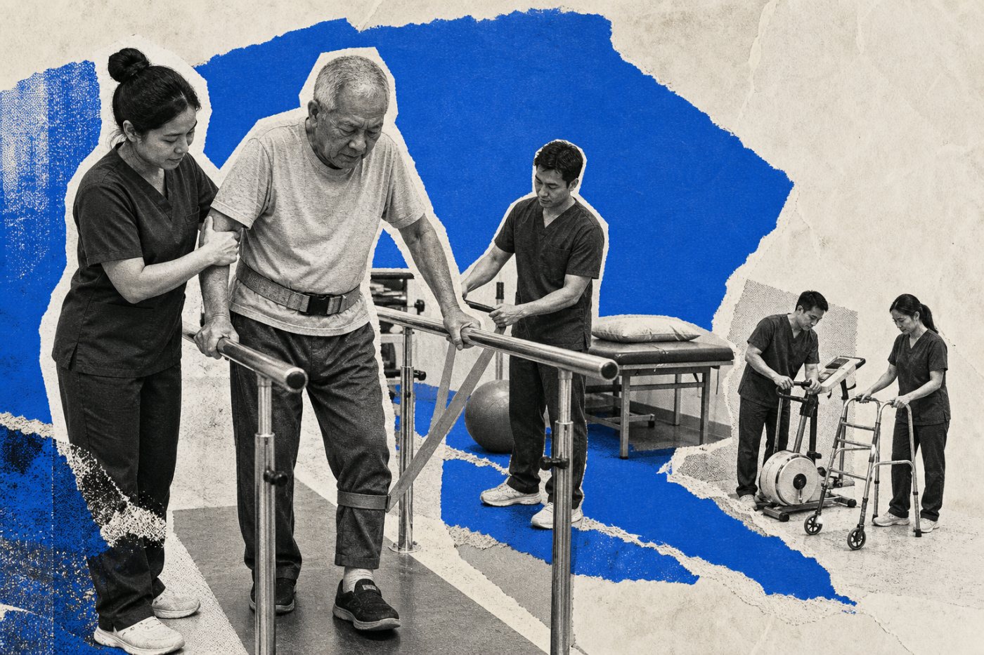 Nhân viên y tế và hỗ trợ phối hợp điều trị trực tiếp cho người cao tuổi, thể hiện nhu cầu việc làm do già hóa dân số.