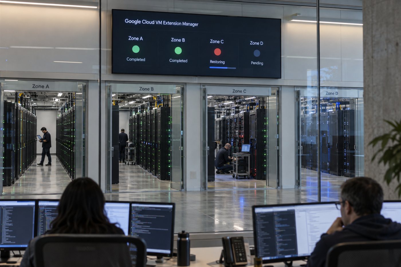 Eine globale VM-Extension-Richtlinie wird gestuft über mehrere Zonen verteilt und bei einer fehlgeschlagenen Phase zurückgesetzt.