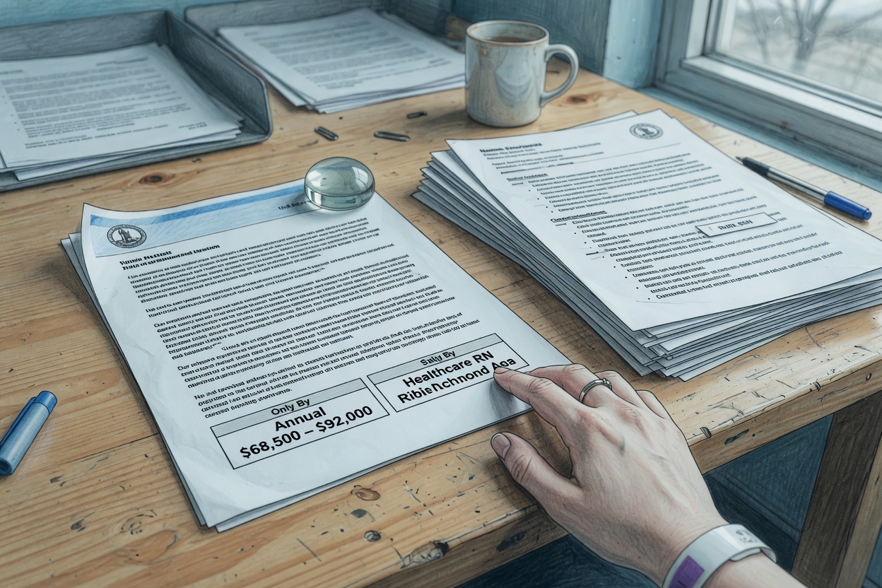 Printed job posting showing salary range requirement for Virginia position