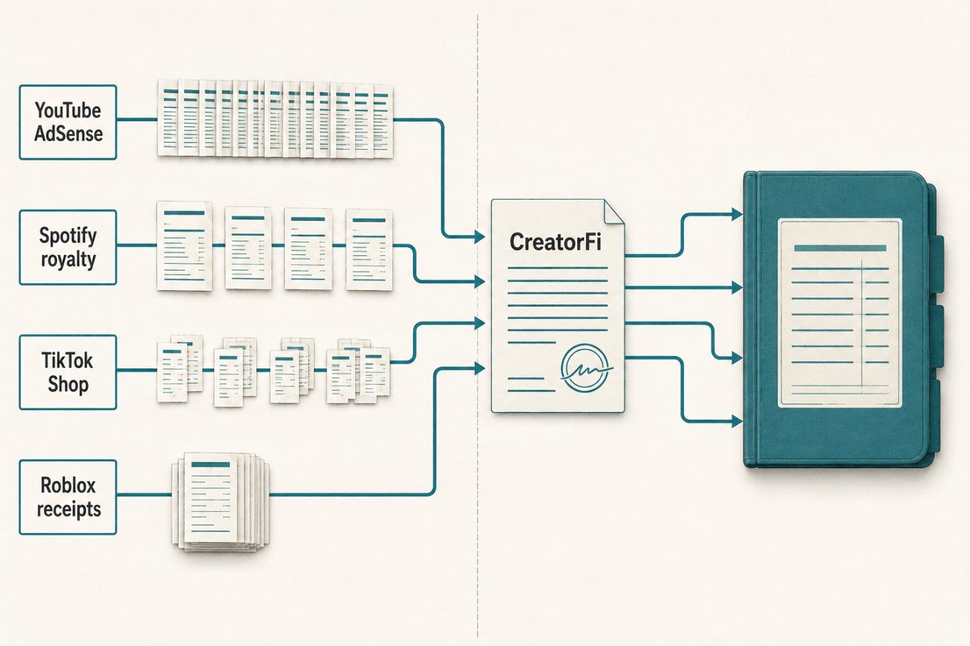 CreatorFi evaluates recurring receipts from YouTube, Spotify, TikTok Shop and Roblox when underwriting an operator.
