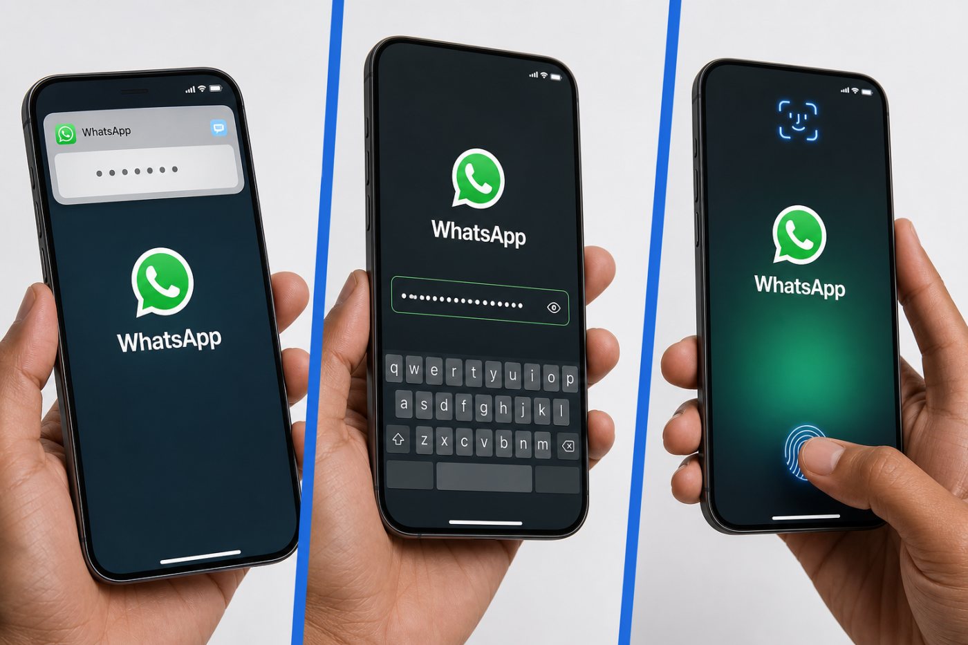 Einmalcode, längeres Verifizierungspasswort und Passkey sichern drei unterschiedliche Schritte eines WhatsApp-Kontos.
