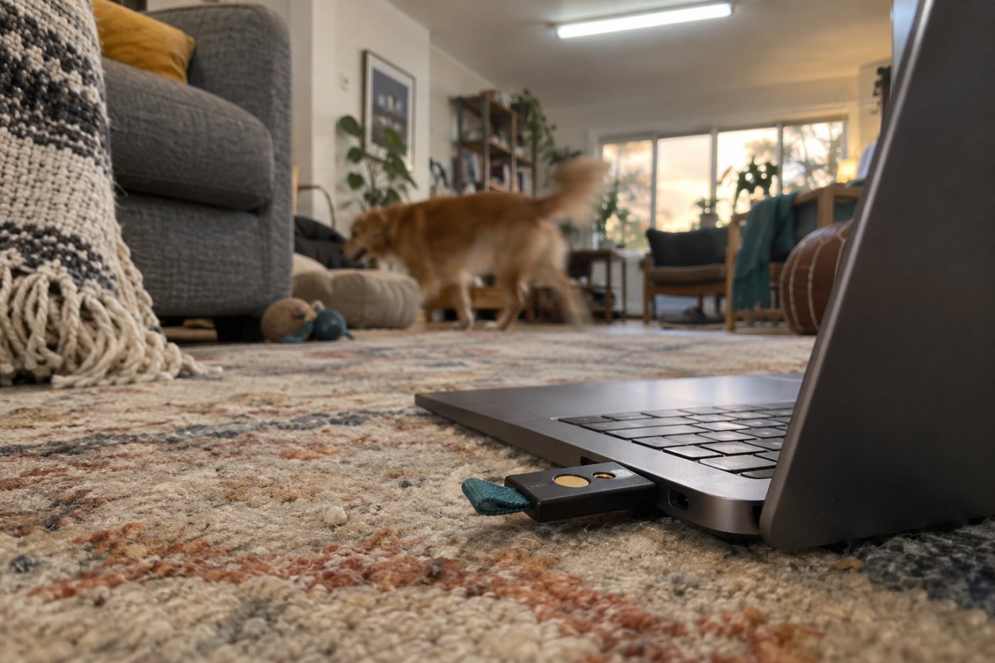 Chave de segurança FIDO2 conectada a um computador pessoal como forma alternativa de entrada na conta.