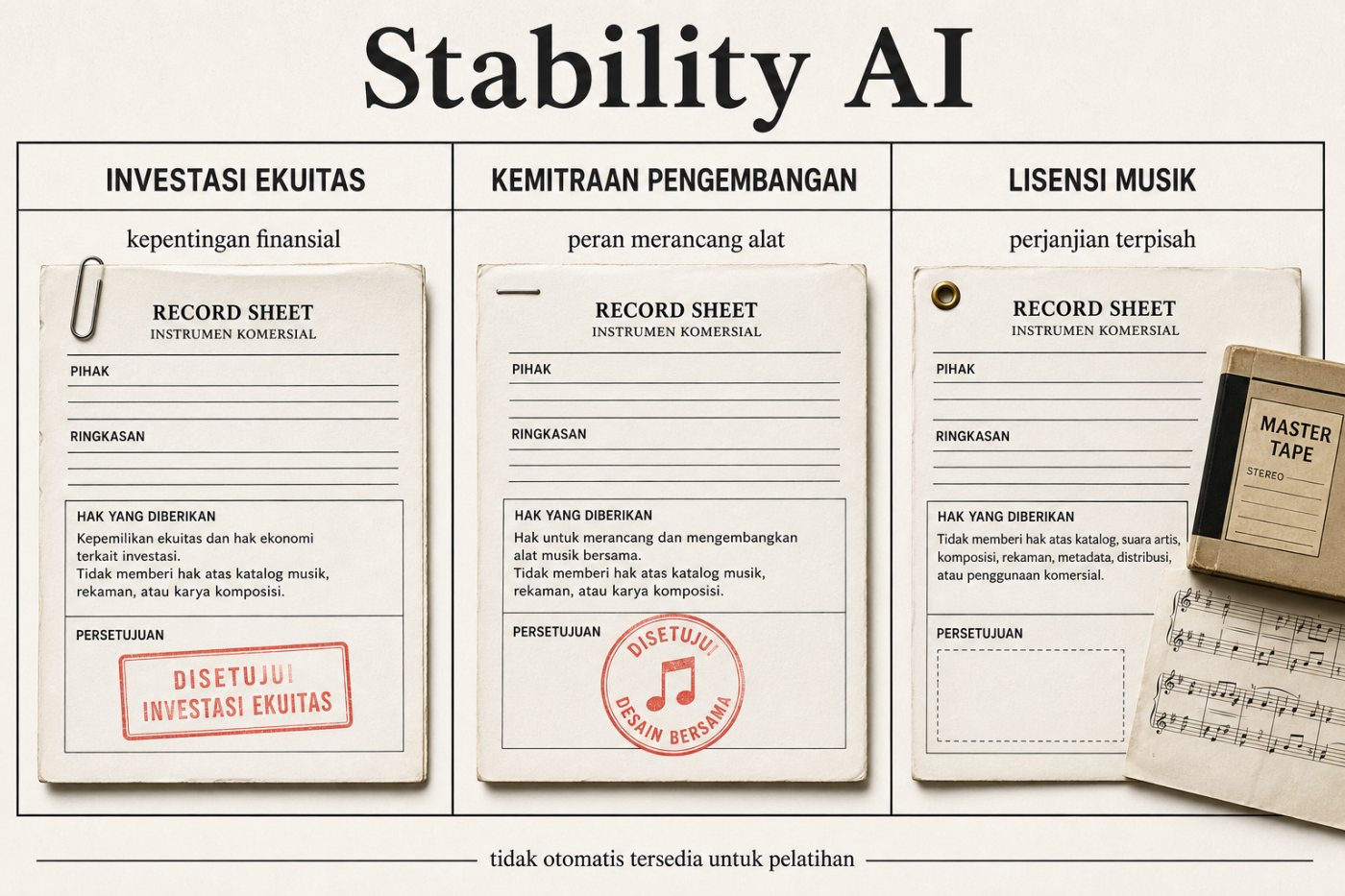 Investasi, kemitraan pengembangan, dan lisensi musik memberi hak yang berbeda dalam hubungan Stability AI dengan grup musik.