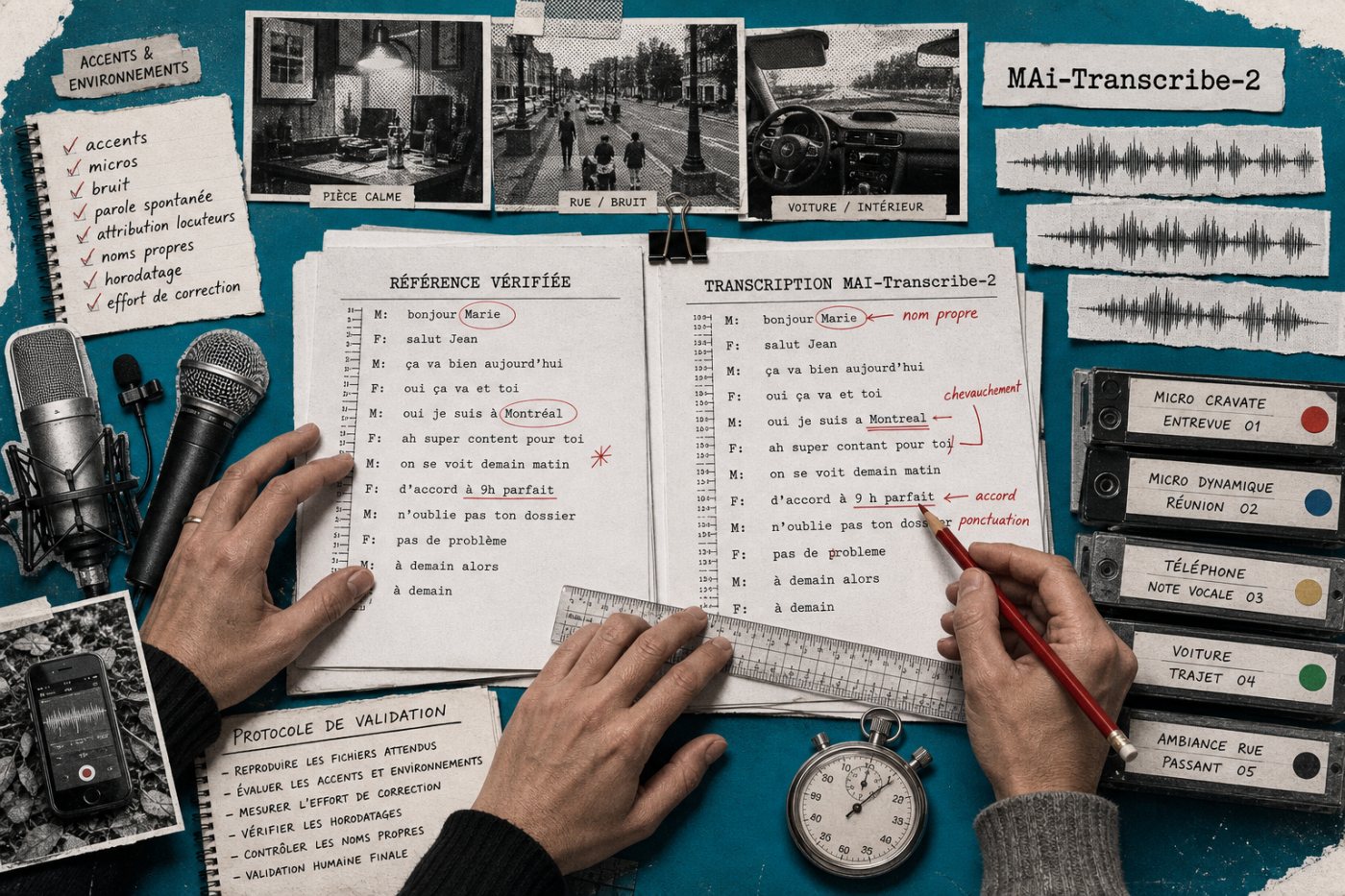 Validation francophone de MAI‑Transcribe‑2 sur les accents, le bruit, les locuteurs, les noms propres et les horodatages.