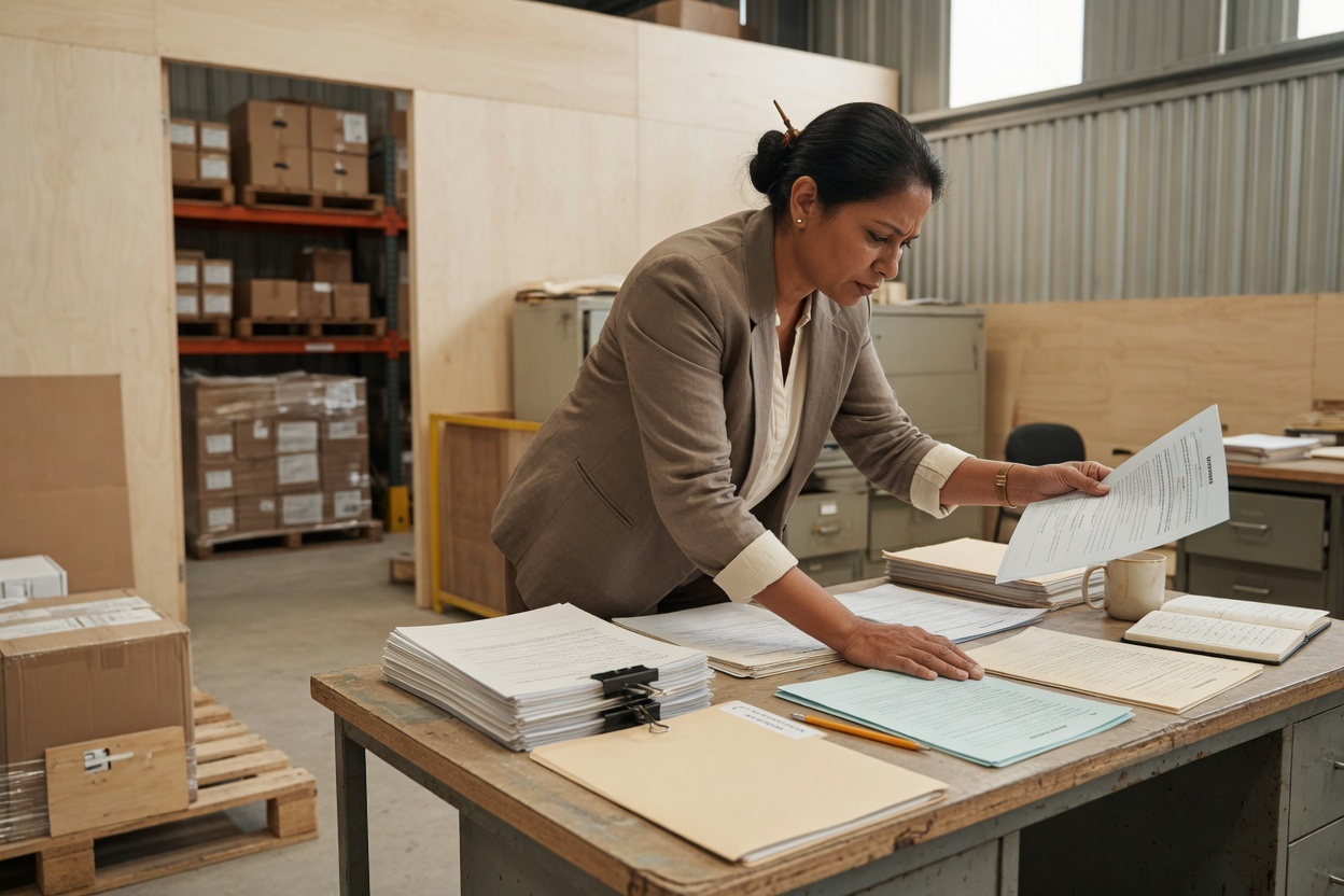 Procurement specialist checking printed contracts and cost documents