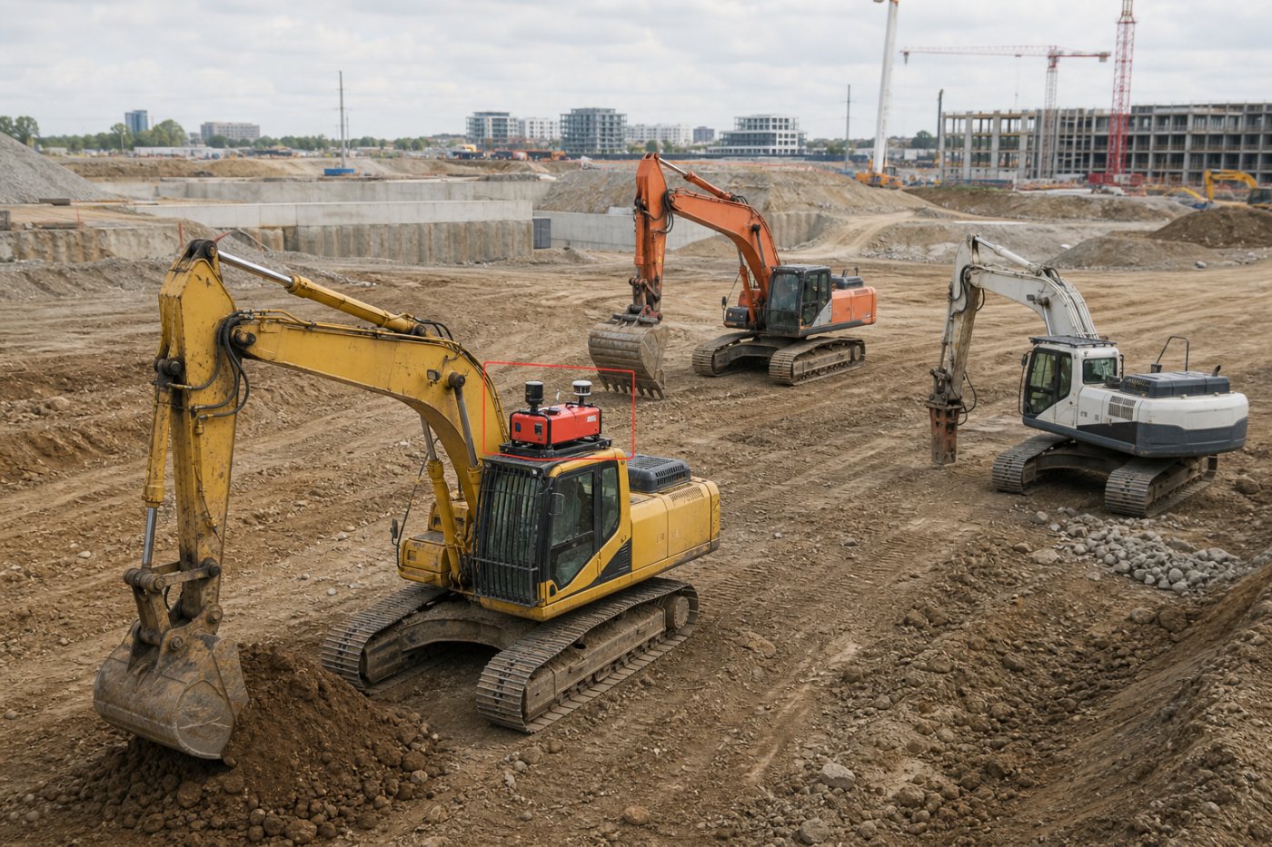 Existing mixed-brand construction machinery gains autonomous capability through an added Gravis retrofit system rather than fleet replacement.
