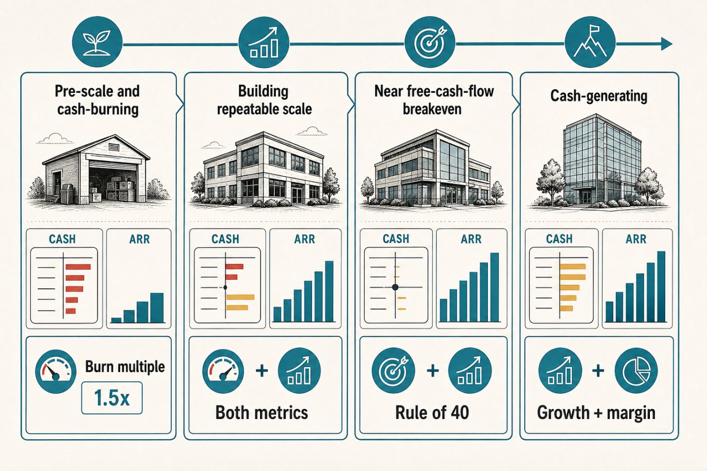 SaaS companies use burn multiple during the cash-burning stage and add the Rule of 40 as scale and profitability develop.