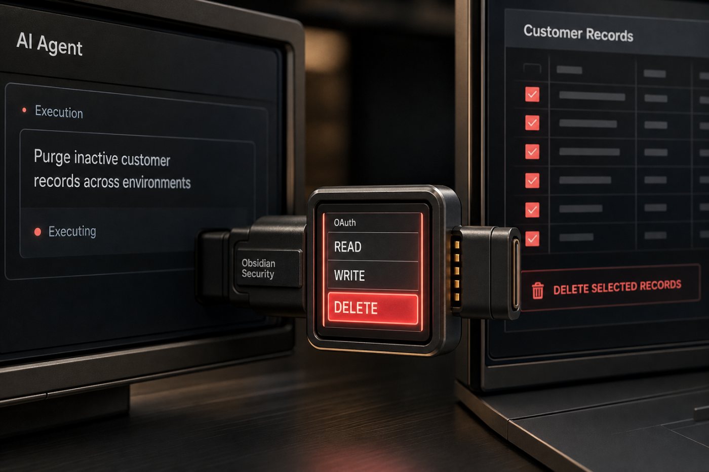 An enterprise AI agent reaches a third-party SaaS application through delegated OAuth access that includes read, write and delete permissions.