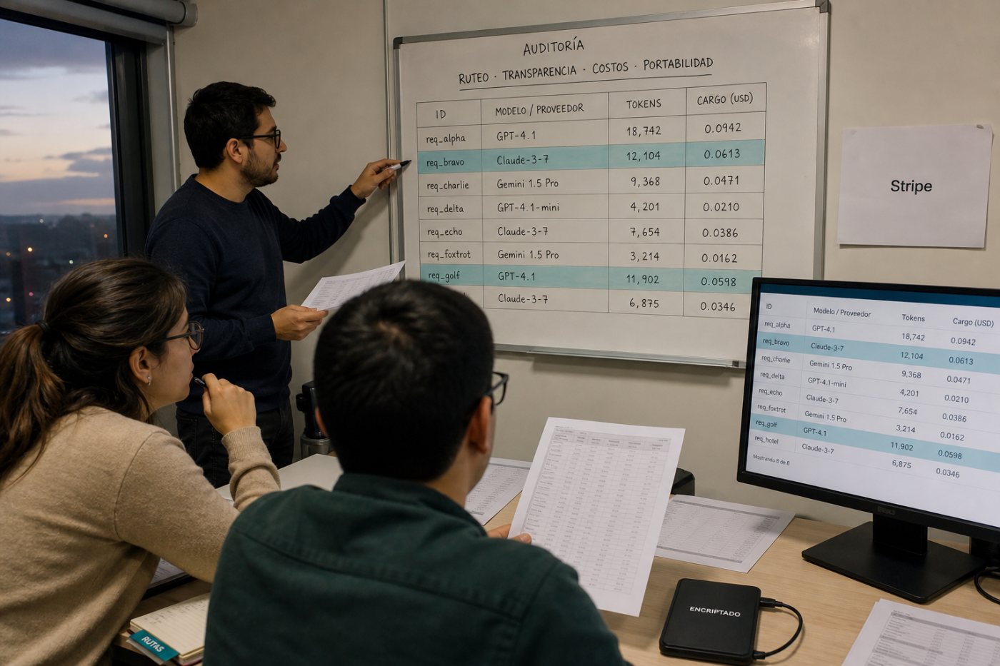 Un equipo audita el proveedor elegido, los tokens consumidos y el cargo de una carga multmodelo.