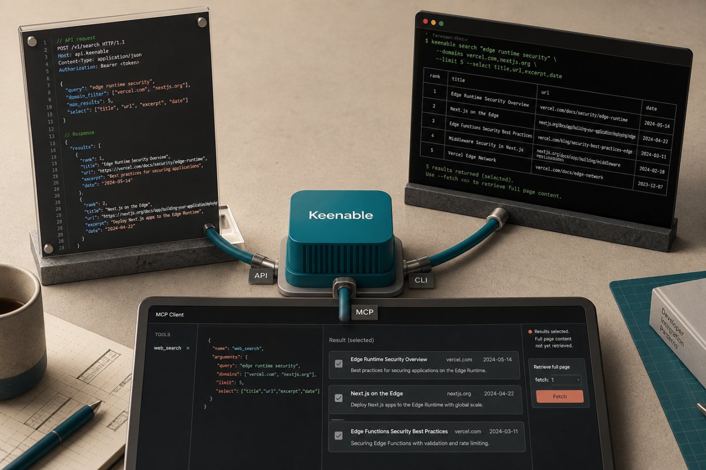 Les accès API, CLI et MCP relient Keenable à différents environnements de développement d’agents.