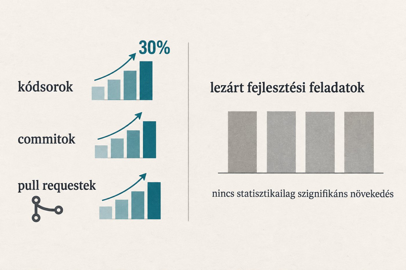 A kódsorok, commitok és GitHub pull requestek növekedése mellett a lezárt Jira-feladatoknál nem látszik kimutatható emelkedés.