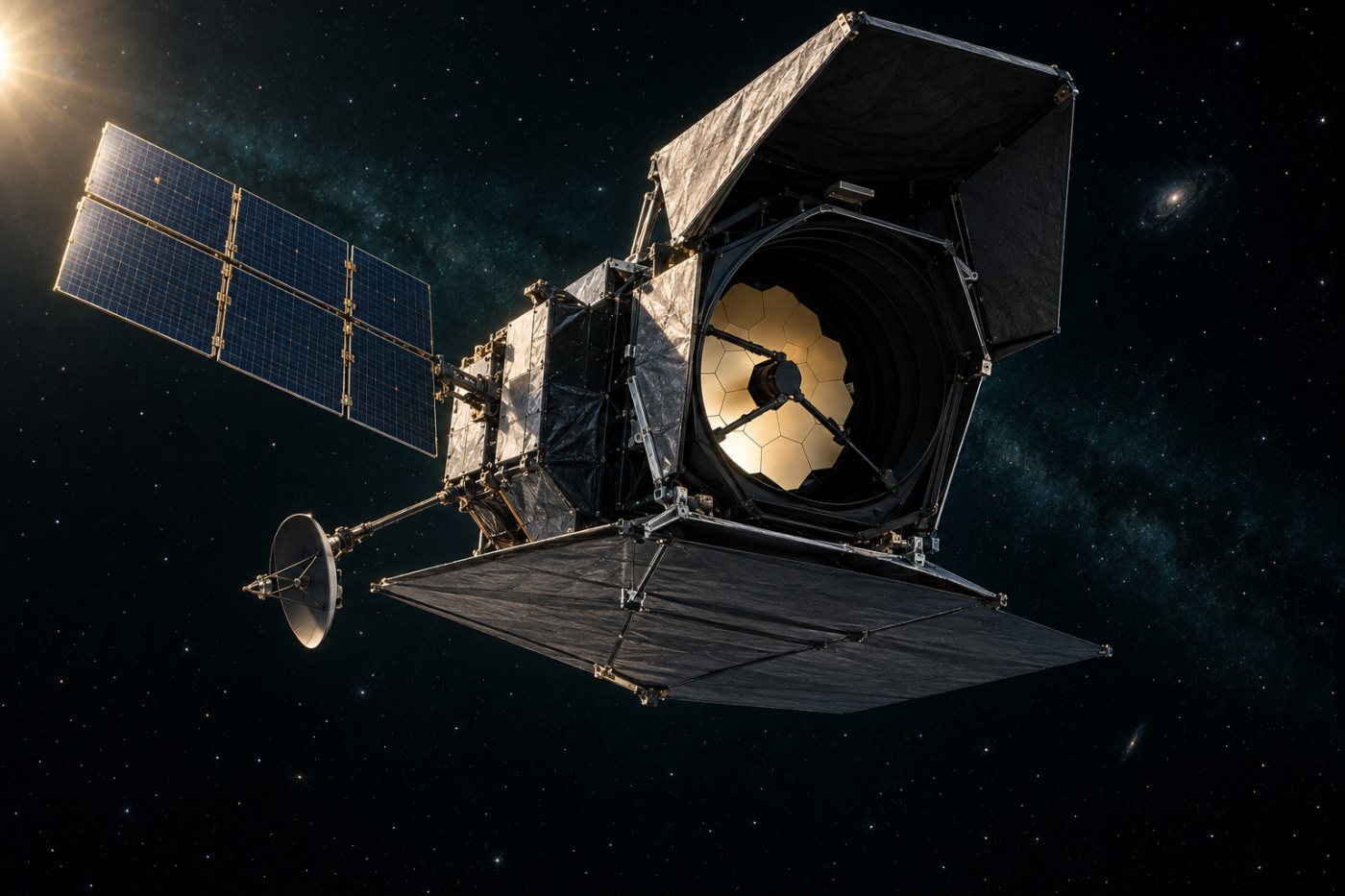 Nancy Grace Roman Space Telescope com painéis solares, antena de alto ganho e cobertura da abertura implantados.