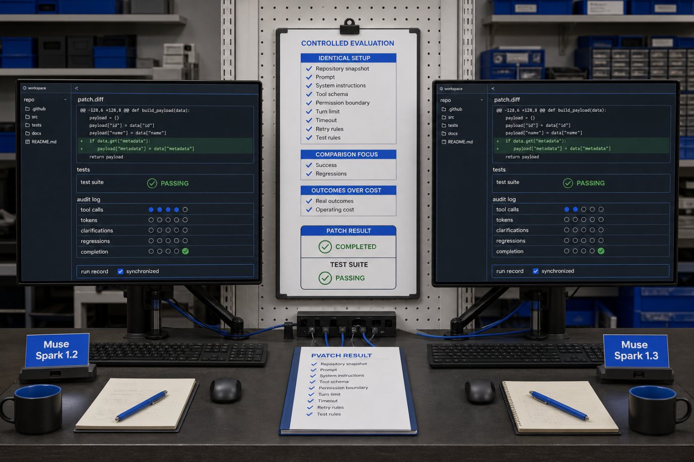 একই harness-এ Muse Spark 1.2 ও 1.3 run-এর tool call, token, clarification ও regression তুলনা