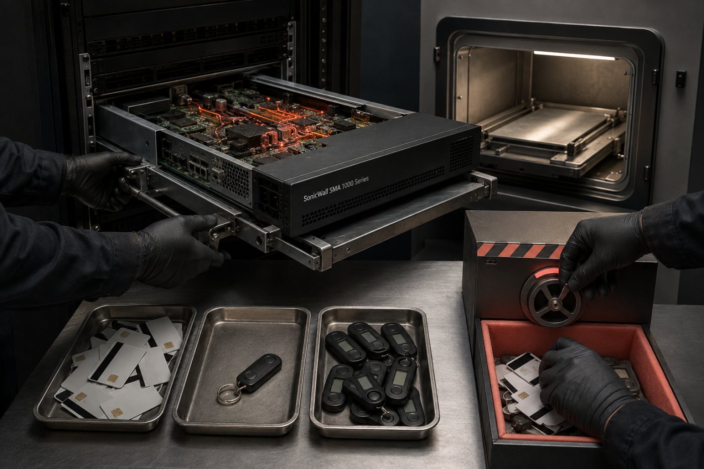 A compromised SMA 1000 appliance entering re-imaging while passwords and TOTP credentials are reset.