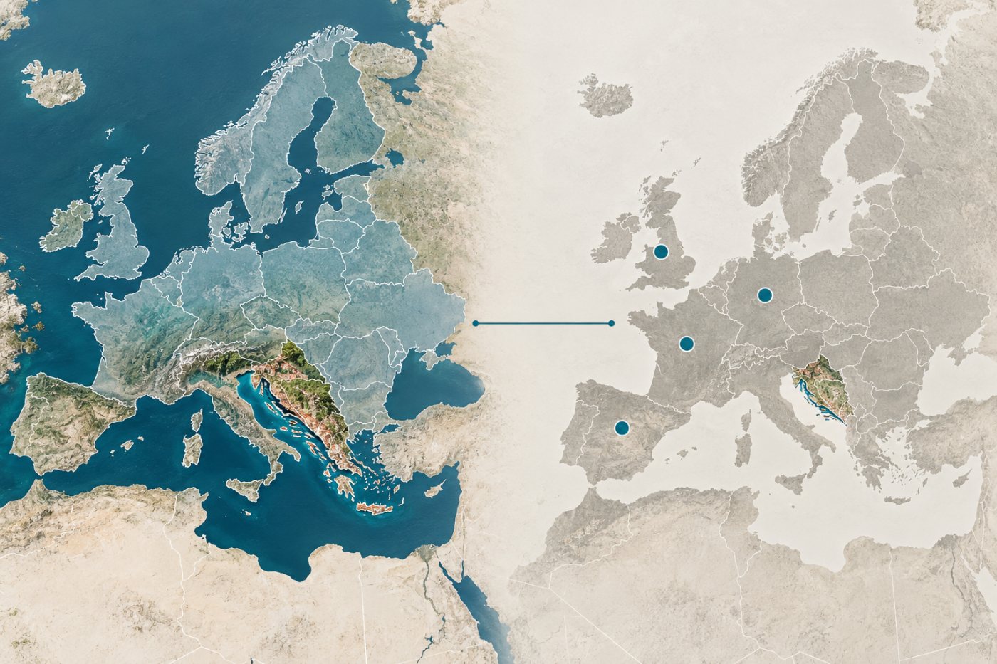 Hrvatska unutar europskog područja udaljenog rada, uz uži popis lokacija navedenih u oglasu ElevenLabsa.